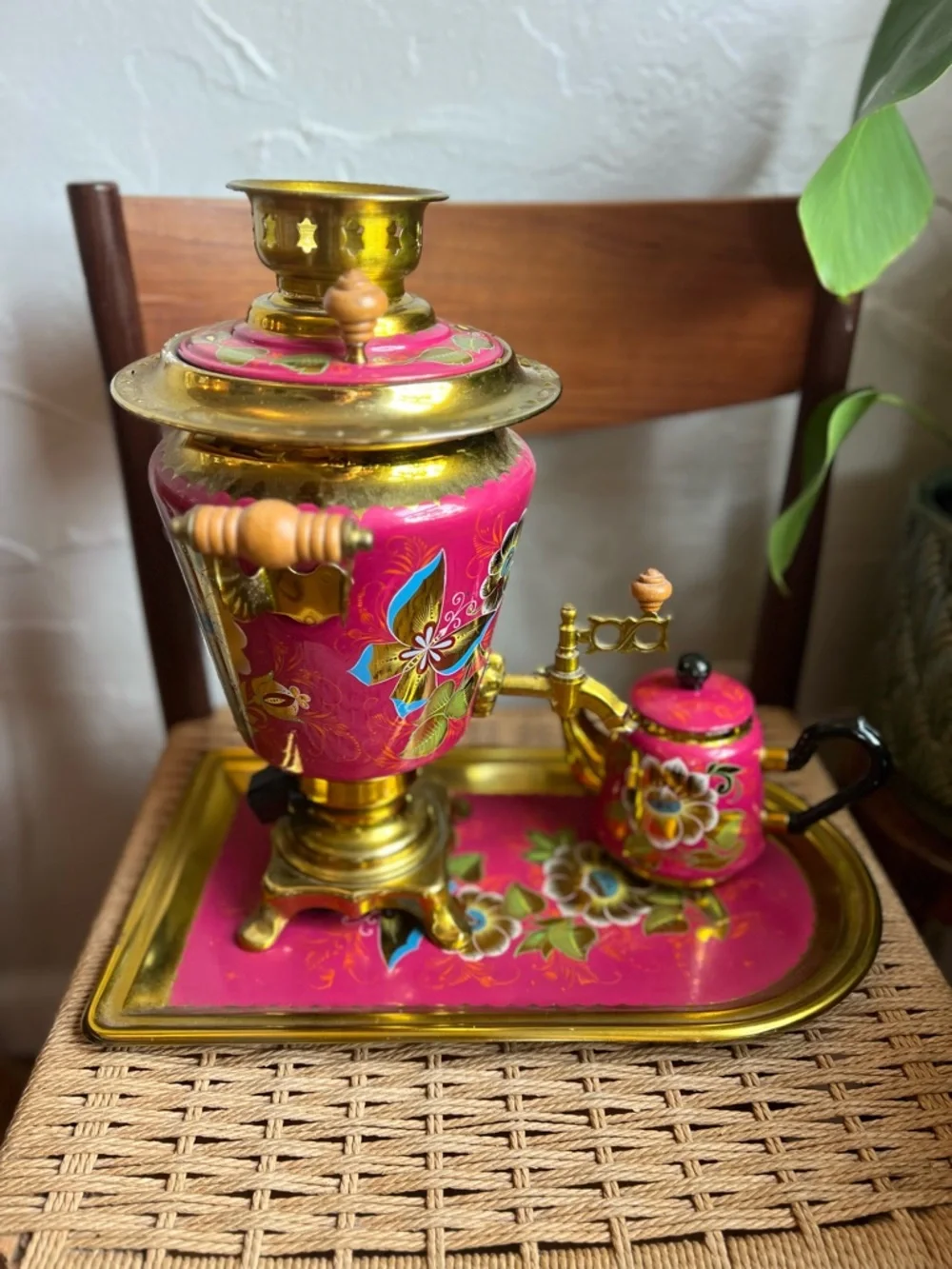Vintage Soviet Samovar Tea Set 1991 Pink Floral Enamel Brass USSR Kitsch Decor